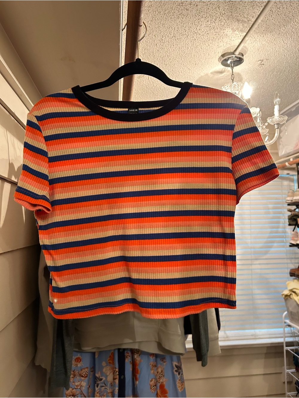 Striped Short Sleeve Ribbed Crop Top - Orange/Navy/Beige
